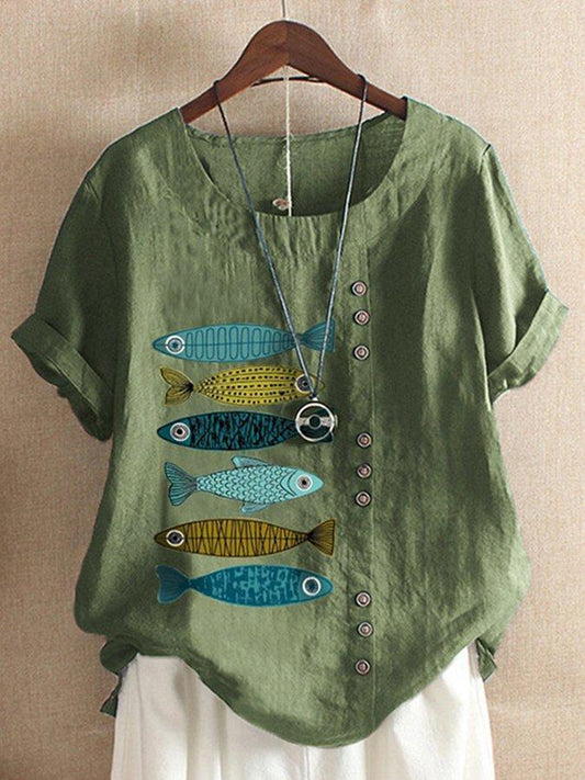 Casual Short Sleeve Round Neck Fish Print T-Shirt