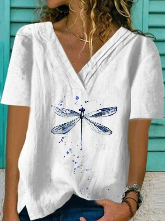 Women Dragonfly Graphic Printed V Neck Short Sleeve Shirts White Tops