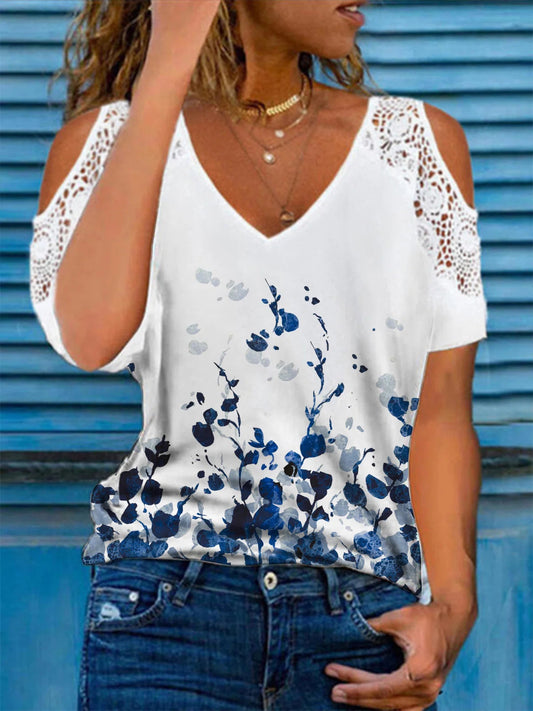 V-neck Floral Lace Casual T-Shirt
